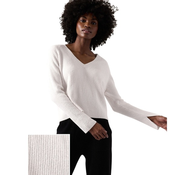 Athleta Sweaters - Athleta Felicity Cozy V-Neck Sweater Magnolia White Ribbed Cashmere Blend Large